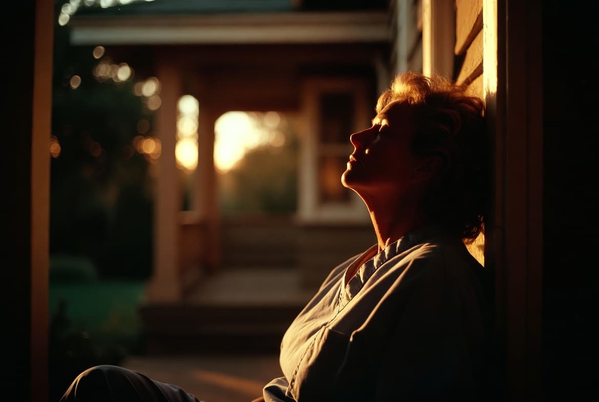A nurse resting on a porch in golden-hour light