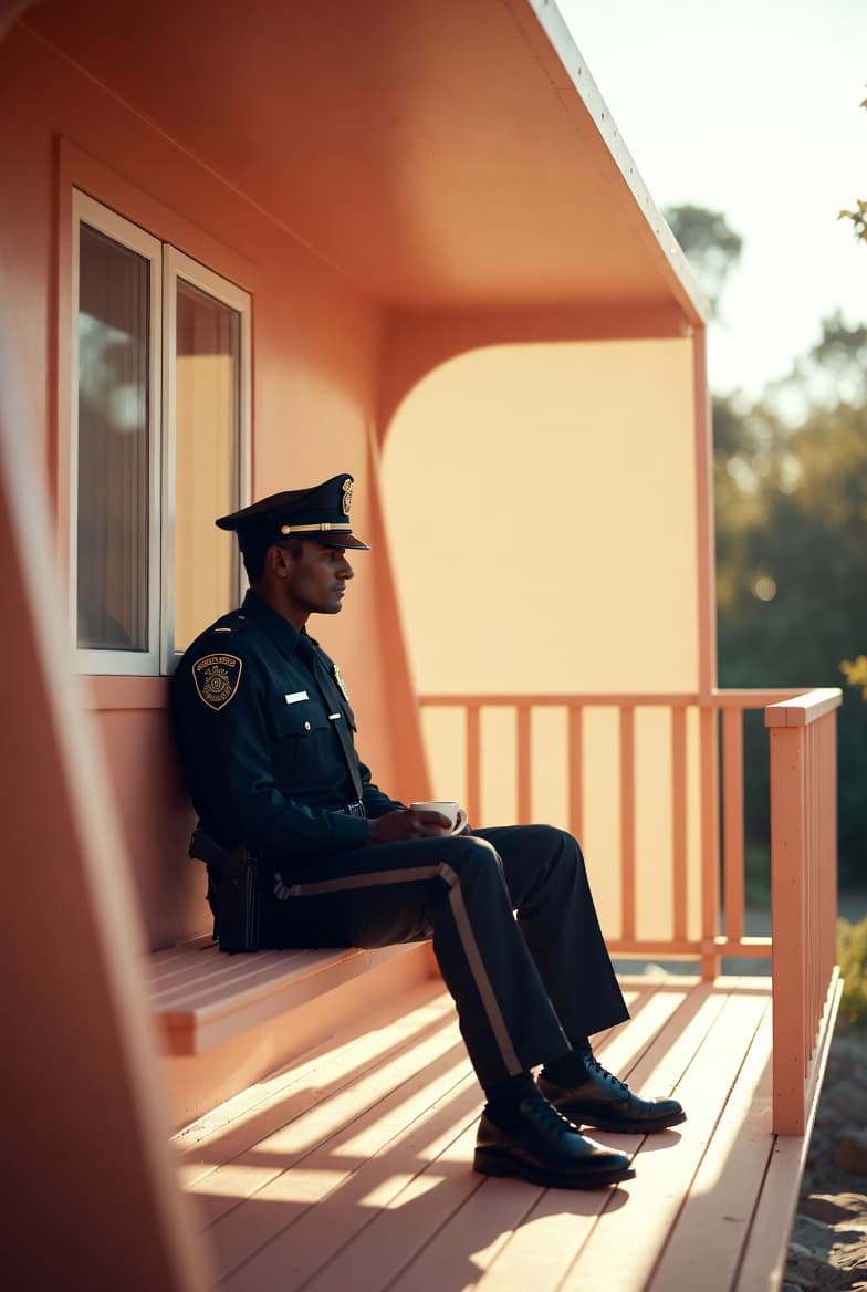 An off-duty police officer resting with a coffee on a sunlit porch